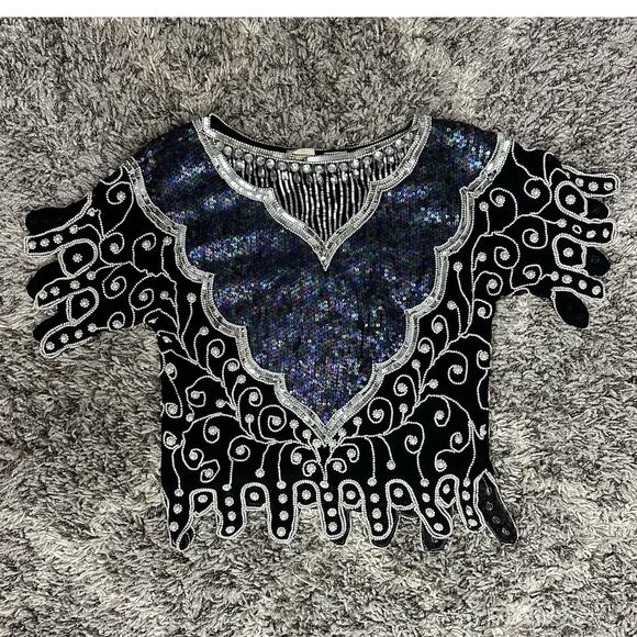 Vintage 80s Frank Usher Black Silk Heavily Sequin Beaded Blouse Evening Top M - Picture 3 of 10